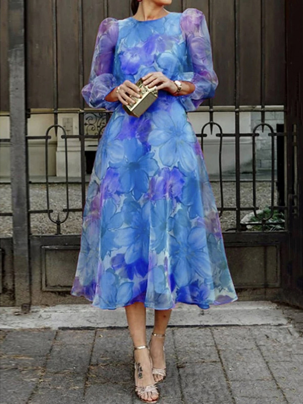 Split-Joint See-Through Gauze Flower Print Puff Sleeves Loose Round-Neck Midi Dresses