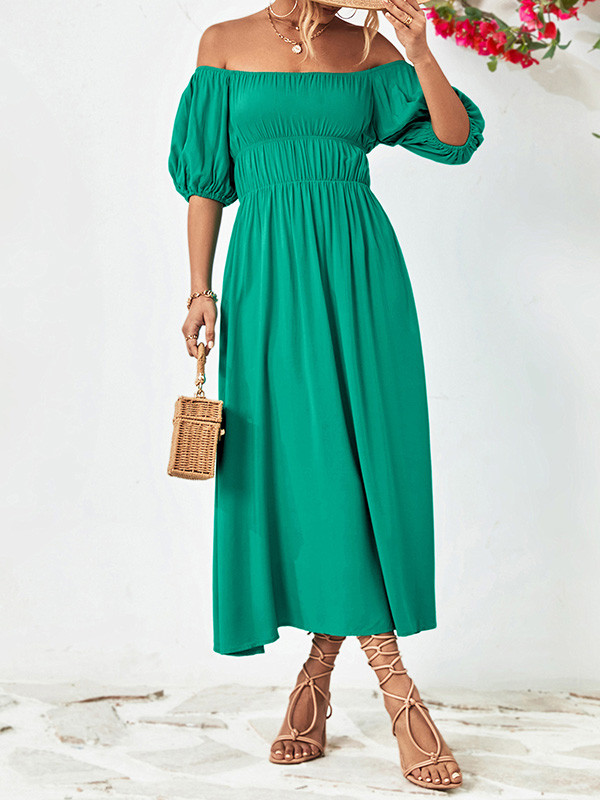 Solid Color Short Sleeves Loose Off-The-Shoulder Midi Dresses
