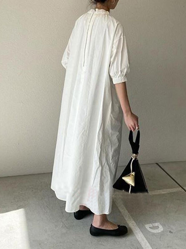 Zipper Split-Joint Pleated Puff Sleeves Loose Stand Collar Shirt Dress Maxi Dresses