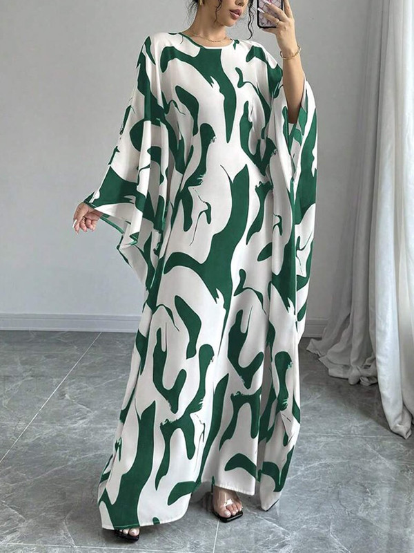 Batwing Sleeves Loose Contrast Color Printed Round-Neck Maxi Dresses