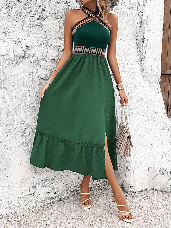 Split-Side Split-Joint Pleated Embroidered Sleeveless Loose Halter-Neck Midi Dresses