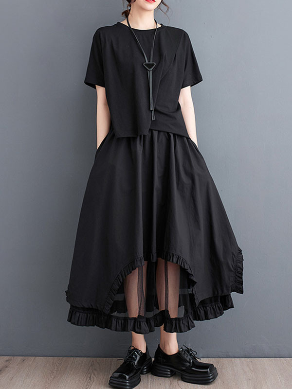 Split-Joint Solid Color Gauze Elastics Loose Skirts Bottoms