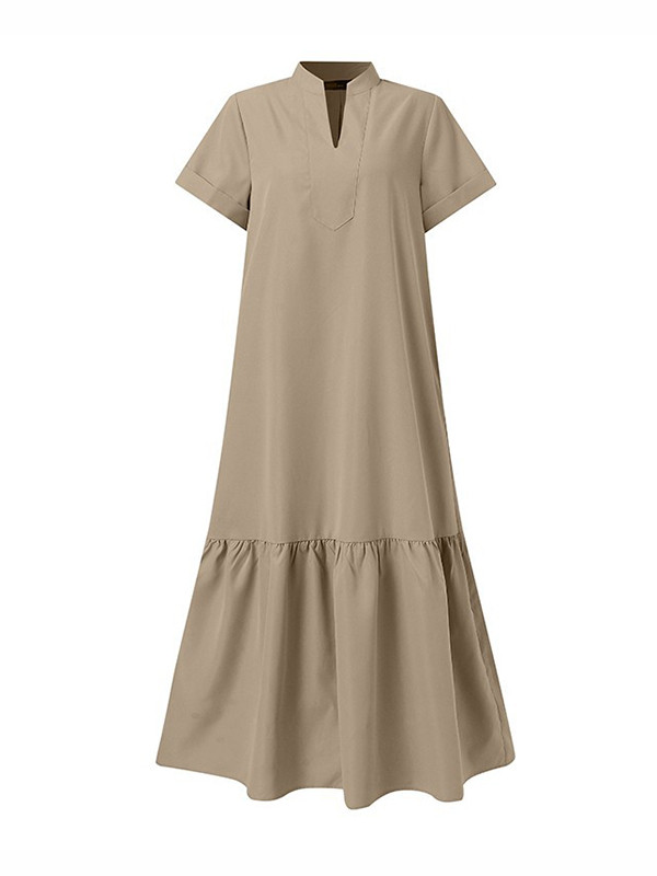 Split-Joint Solid Color Short Sleeves Plus Size V-Neck Maxi Dresses