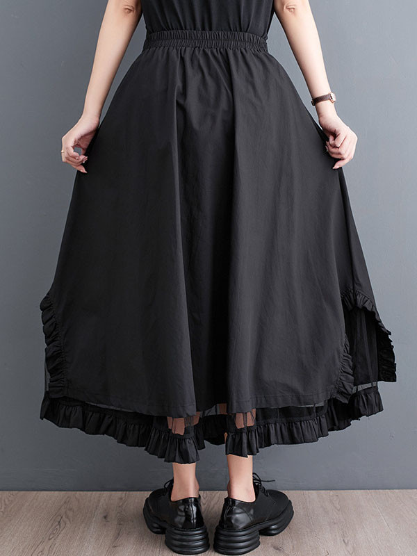 Split-Joint Solid Color Gauze Elastics Loose Skirts Bottoms