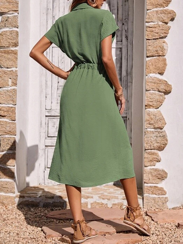 Split-Joint Pleated Drawstring Raglan Sleeve Lapel Shirt Dress Midi Dresses