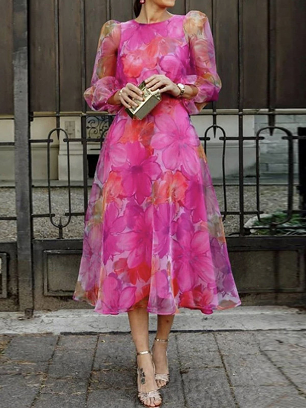 Split-Joint See-Through Gauze Flower Print Puff Sleeves Loose Round-Neck Midi Dresses