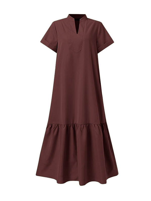 Split-Joint Solid Color Short Sleeves Plus Size V-Neck Maxi Dresses