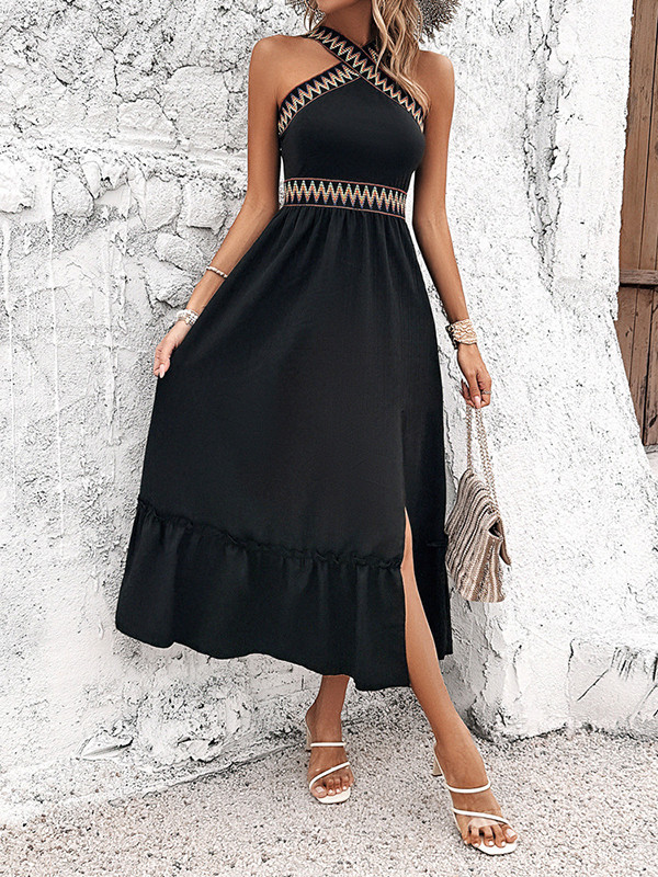 Split-Side Split-Joint Pleated Embroidered Sleeveless Loose Halter-Neck Midi Dresses