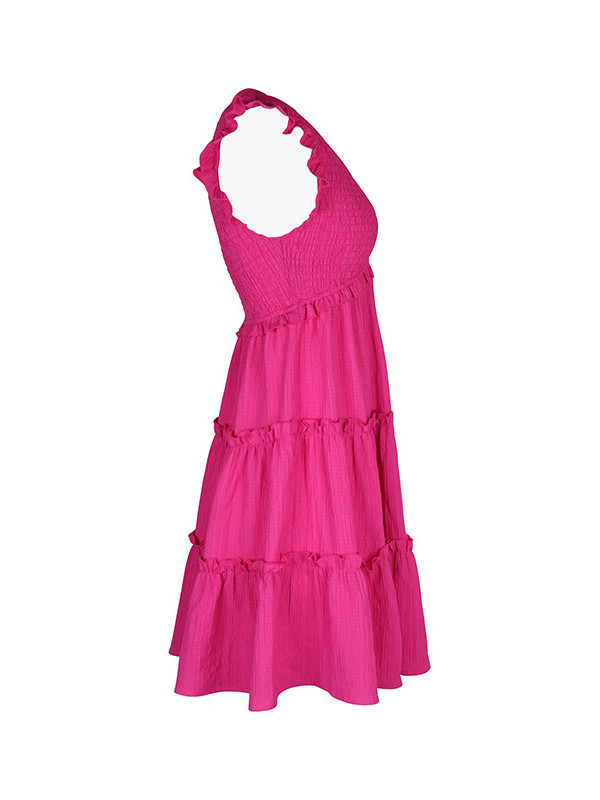 Split-Joint Solid Color Ruffle Trim Pleated Sleeveless Loose Deep V-Neck Mini Dresses