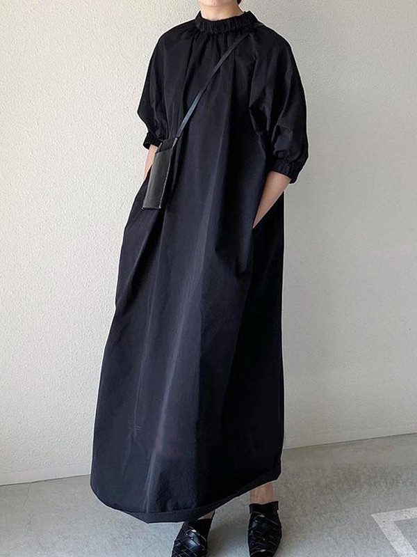 Zipper Split-Joint Pleated Puff Sleeves Loose Stand Collar Shirt Dress Maxi Dresses