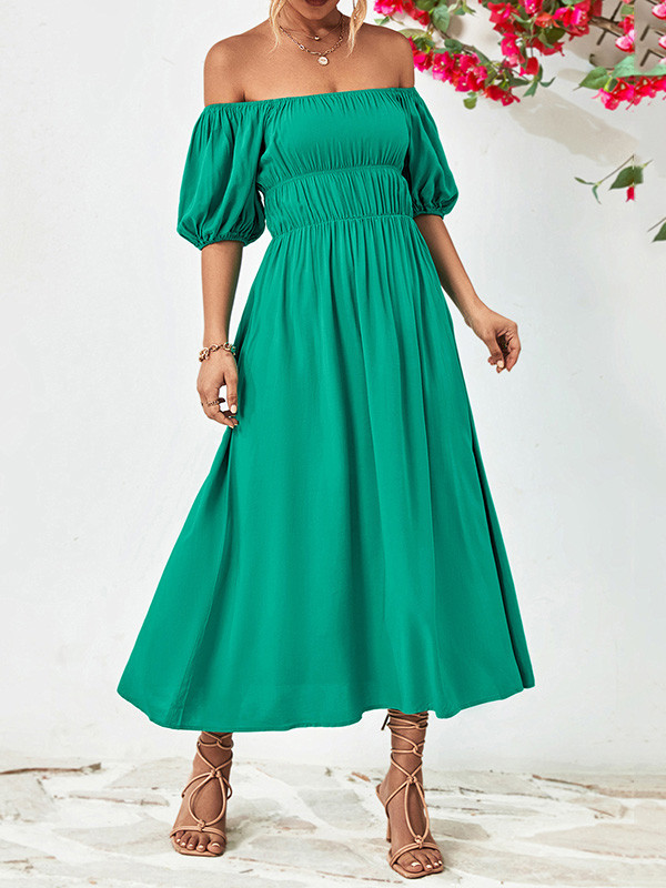 Solid Color Short Sleeves Loose Off-The-Shoulder Midi Dresses