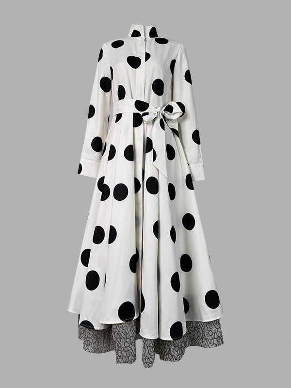 Split-Joint Polka Dot Pockets Lace-Up Belted Long Sleeves High Waisted Stand Collar Maxi Dresses