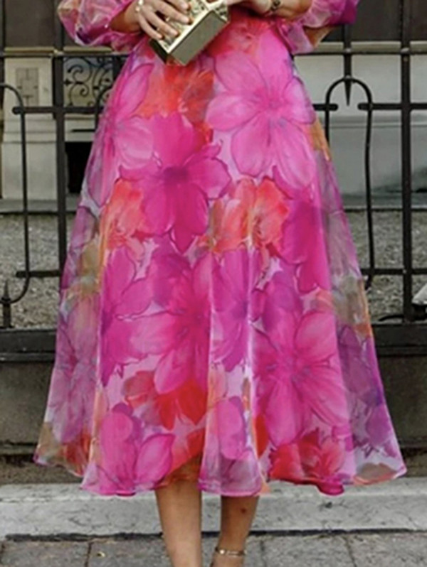 Split-Joint See-Through Gauze Flower Print Puff Sleeves Loose Round-Neck Midi Dresses