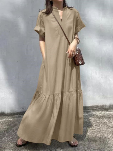 Split-Joint Solid Color Short Sleeves Plus Size V-Neck Maxi Dresses
