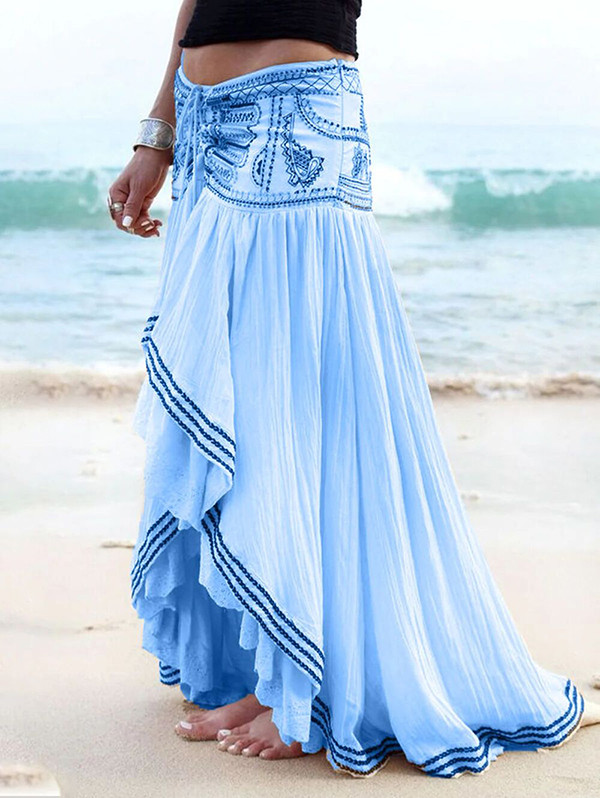 Beaded Drawstring Pleated Printed High-low Loose Skirts Bottoms