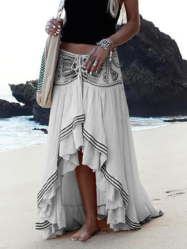 Beaded Drawstring Pleated Printed High-low Loose Skirts Bottoms