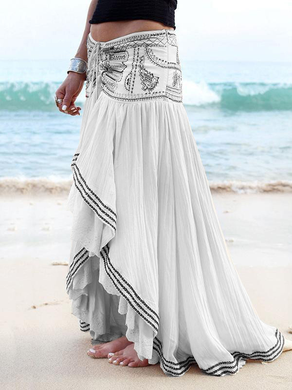 Beaded Drawstring Pleated Printed High-low Loose Skirts Bottoms