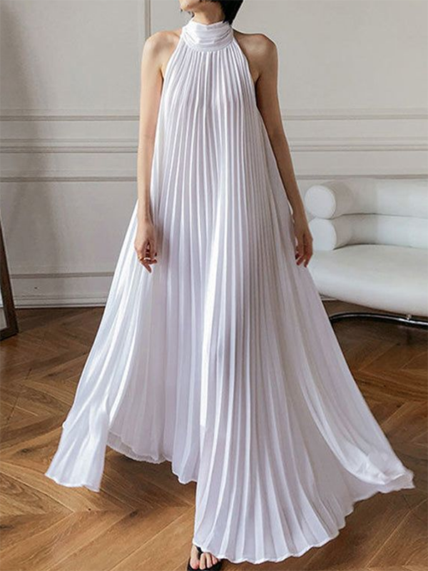 Pleated Solid Color Loose Stand Collar Maxi Dresses