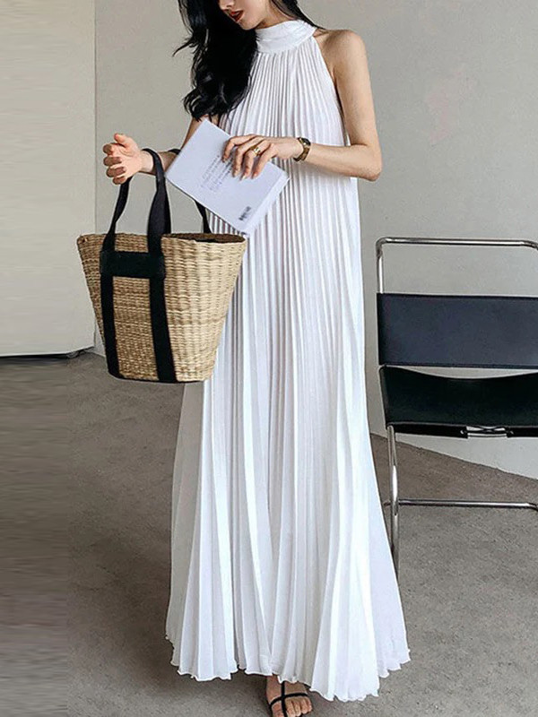 Pleated Solid Color Loose Stand Collar Maxi Dresses