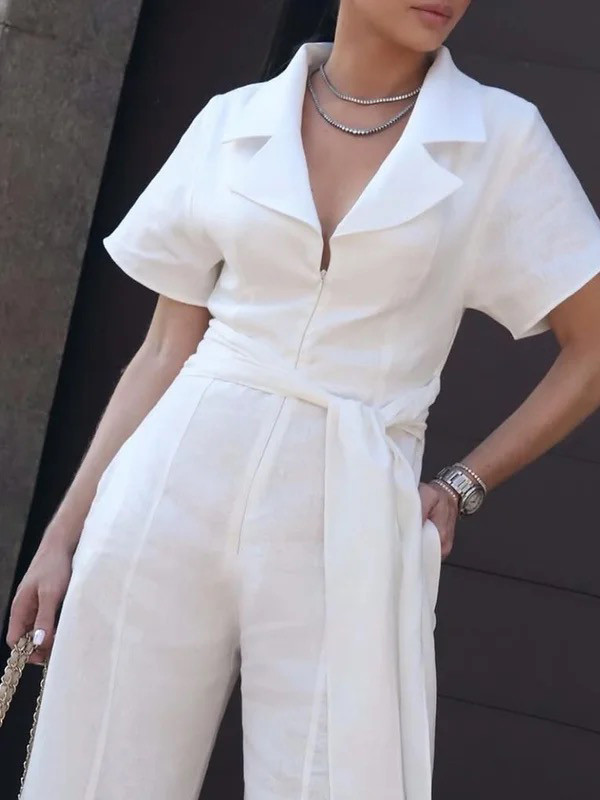 Solid Color Tied Waist Zipper Short Sleeves Deep V-Neck Jumpsuits