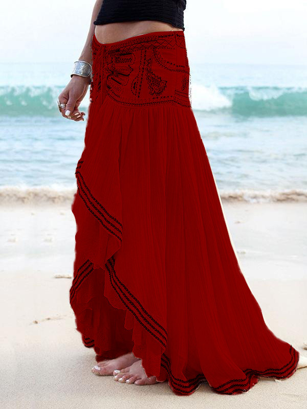 Beaded Drawstring Pleated Printed High-low Loose Skirts Bottoms