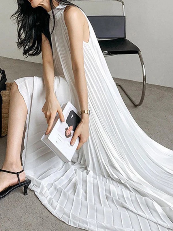 Pleated Solid Color Loose Stand Collar Maxi Dresses