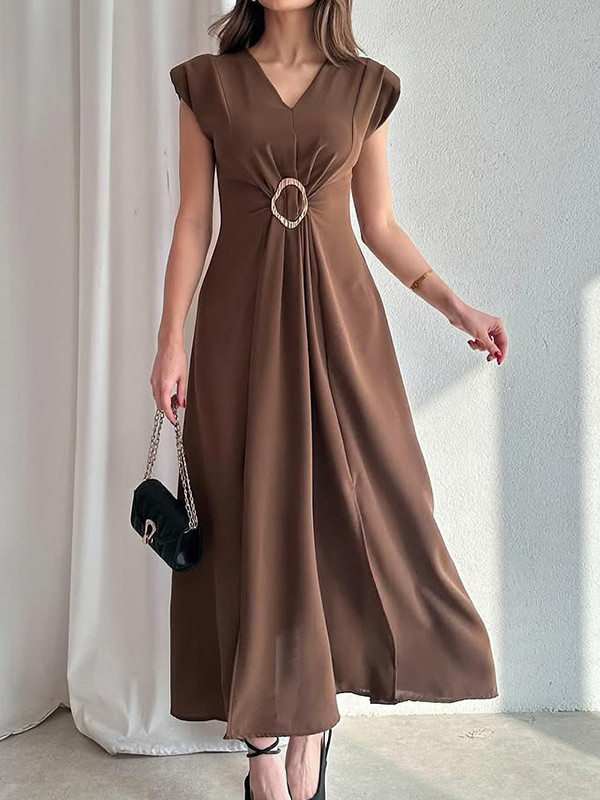 Split-Joint Split-Front Pleated Raglan Sleeve Loose V-Neck Maxi Dresses