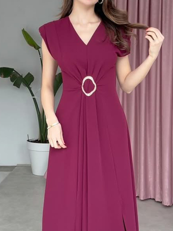 Split-Joint Split-Front Pleated Raglan Sleeve Loose V-Neck Maxi Dresses