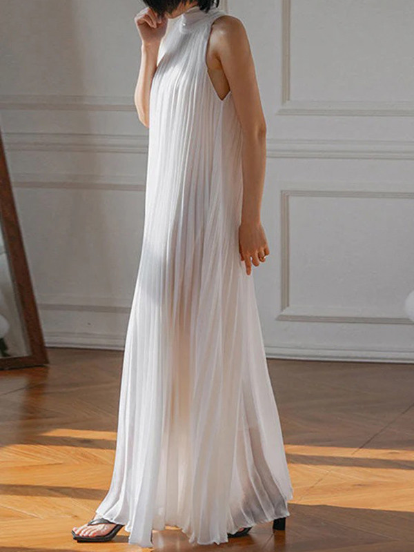 Pleated Solid Color Loose Stand Collar Maxi Dresses