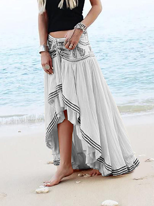 Beaded Drawstring Pleated Printed High-low Loose Skirts Bottoms