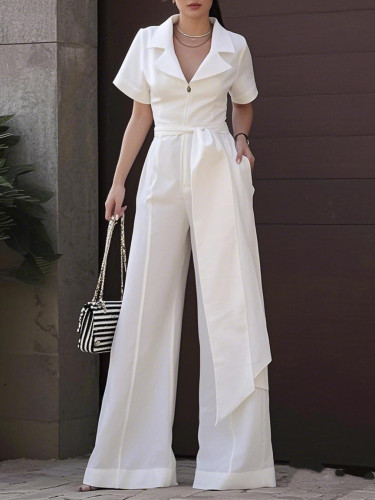 Solid Color Tied Waist Zipper Short Sleeves Deep V-Neck Jumpsuits