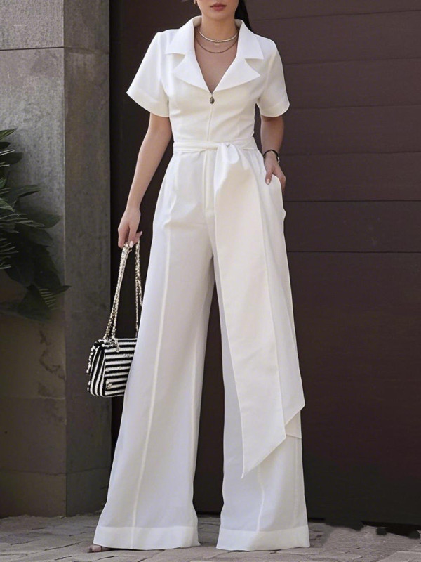 Solid Color Tied Waist Zipper Short Sleeves Deep V-Neck Jumpsuits