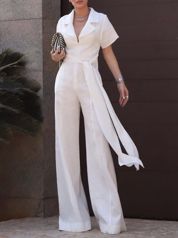 Solid Color Tied Waist Zipper Short Sleeves Deep V-Neck Jumpsuits