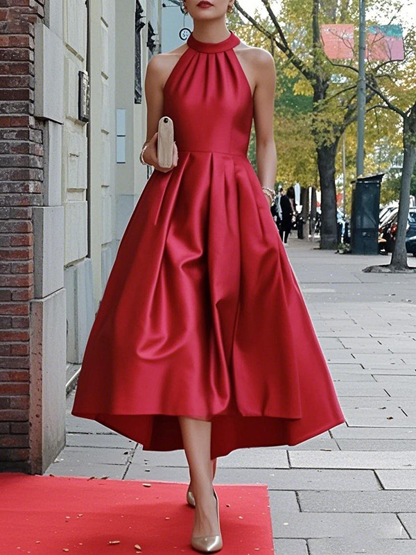 Pleated High-low Pockets Solid Color A-Line High Waisted Halter-Neck Maxi Dresses