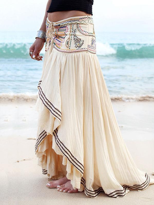 Beaded Drawstring Pleated Printed High-low Loose Skirts Bottoms
