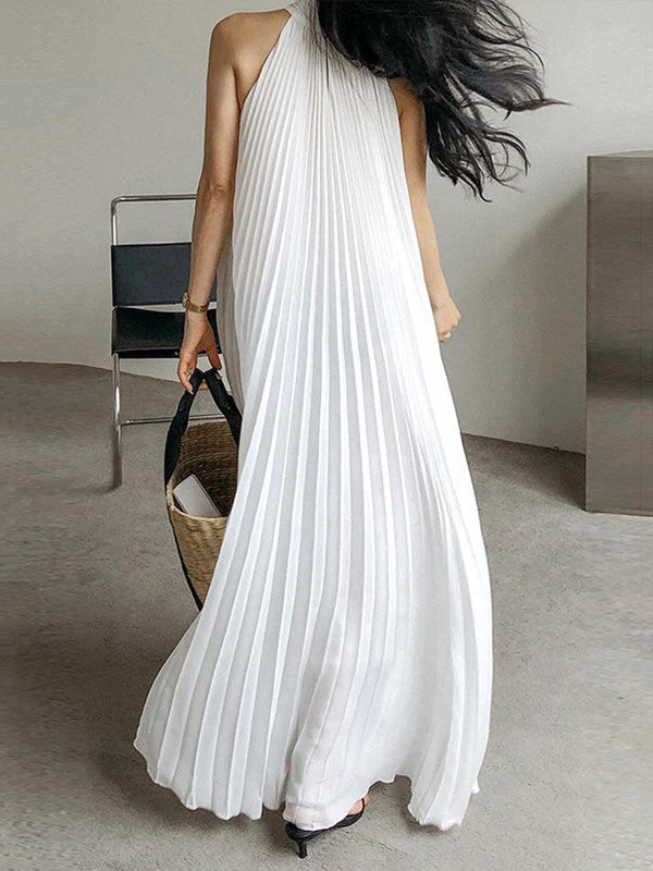 Pleated Solid Color Loose Stand Collar Maxi Dresses