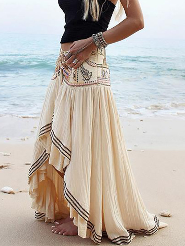 Beaded Drawstring Pleated Printed High-low Loose Skirts Bottoms