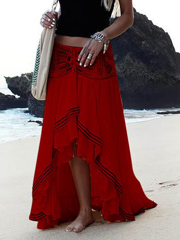 Beaded Drawstring Pleated Printed High-low Loose Skirts Bottoms
