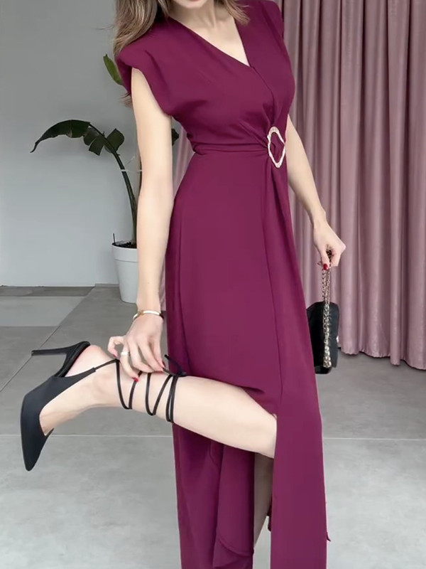 Split-Joint Split-Front Pleated Raglan Sleeve Loose V-Neck Maxi Dresses