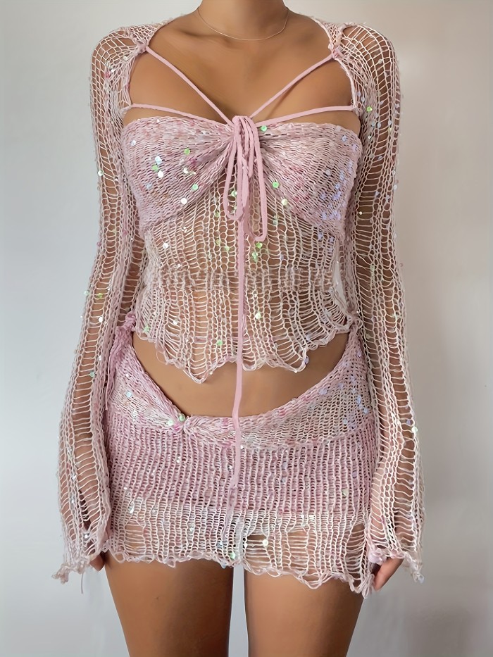 New Two-Piece Bead Stitched Sweater Set