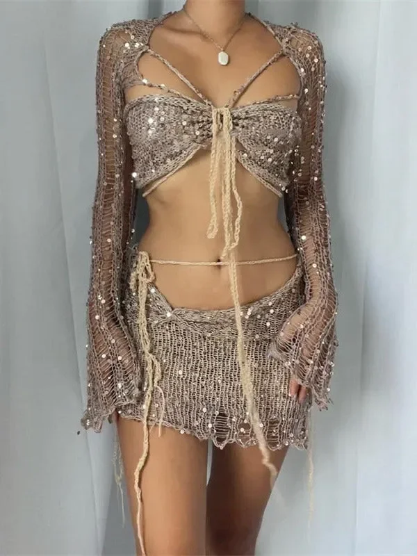 New Two-Piece Bead Stitched Sweater Set