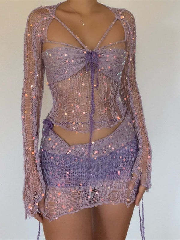 Mesh Sequins Lace up Tube Top & Mini Skirt Coord Set