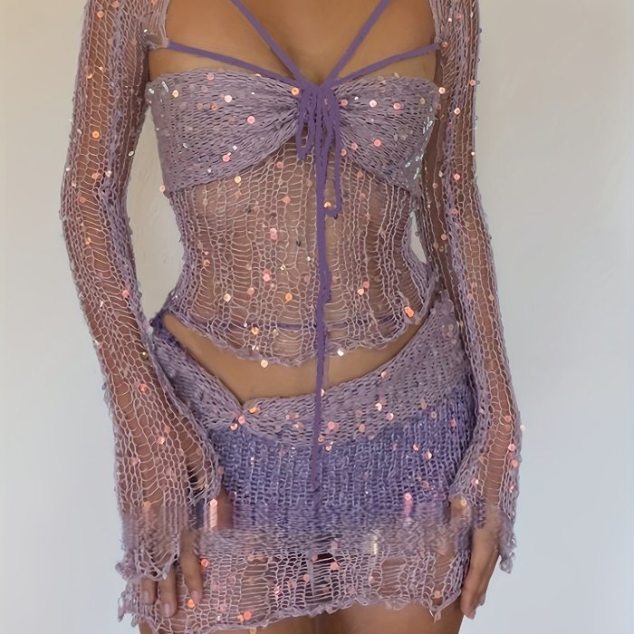 New Two-Piece Bead Stitched Sweater Set