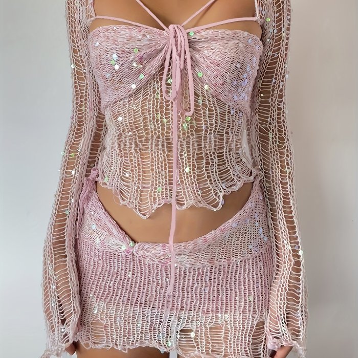 New Two-Piece Bead Stitched Sweater Set