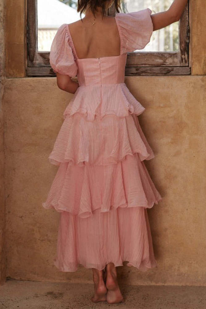 Casual Backless Flounce Square Neck Cake Skirt Dresses