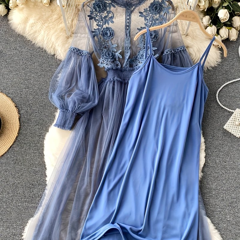 Plus Size Women's Fashion Floral Patchwork Sheer Mesh Lantern Sleeve Slim Fit Dress with Contrast Lace Shirt and Camisole, A Luxury Gift for Ladies Suitable for Sizes L to 3XL, Please Refer to Picture Chart for Specific Measurements