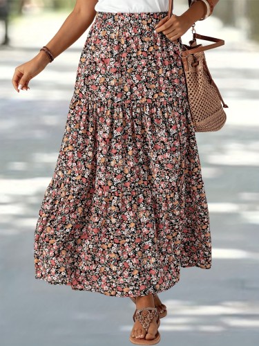 Women's Floral Print Elastic Waist Skirt - Casual Ankle-Length Machine-Washable Lightweight Skirt for Spring & Summer, Elegant Non-Stretch Design with Vibrant Print Patterns, Cute Skirts, Casual Attire, Relaxed Fit, Gathered Waist