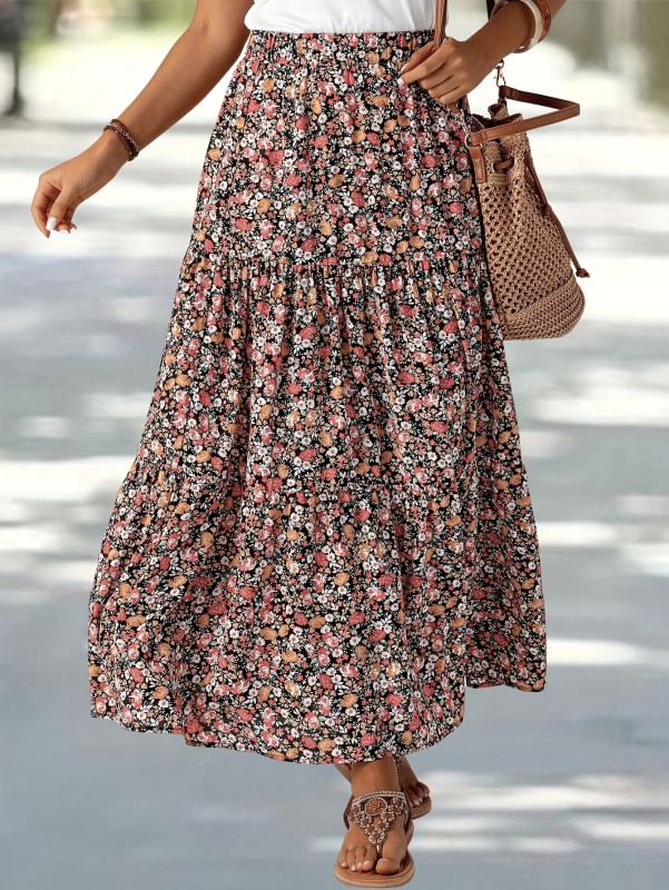 Women's Floral Print Elastic Waist Skirt - Casual Ankle-Length Machine-Washable Lightweight Skirt for Spring & Summer, Elegant Non-Stretch Design with Vibrant Print Patterns, Cute Skirts, Casual Attire, Relaxed Fit, Gathered Waist