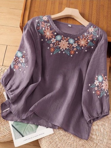 Women'S Loose-Fitting, Long-Sleeve Tunic with Vibrant Floral Embroidery - Casual, All-Season, Breathable Top for Casual Attire, Casual Wear Top|Vibrant Embroidery Top|Comfortable Fit Top