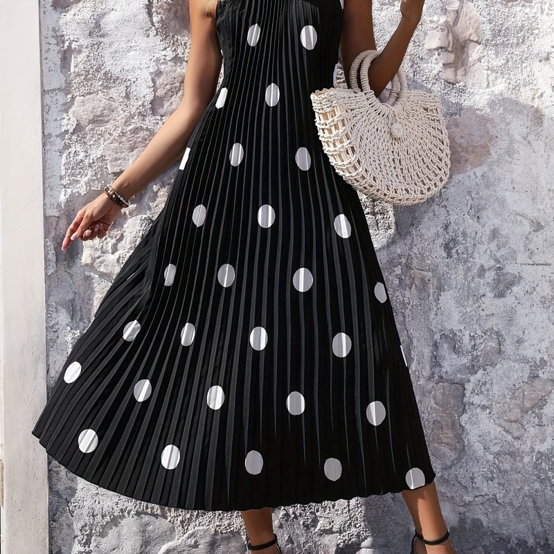 Polka Dot Print Halter Neck Pleated Dress - Elegant Sleeveless Trapeze Dress - Polyester - For Spring & Summer - Women's Clothing - Perfect Gift for Parties & Casual Occasions